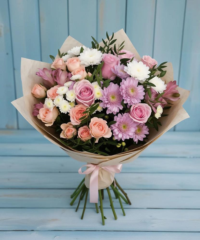 Букет цветов из: Хризантемы, Розы и Альстромерии в Симе