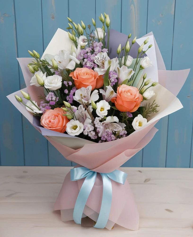 Букет цветов из: Лизиантусы, Розы, Альстромерии и Гипсофила в Симе