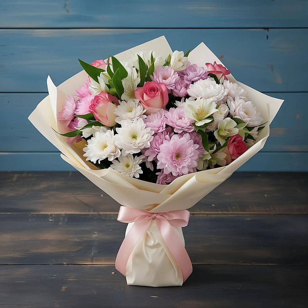 Букет цветов из: Хризантемы, Альстромерии и Розы в Симе